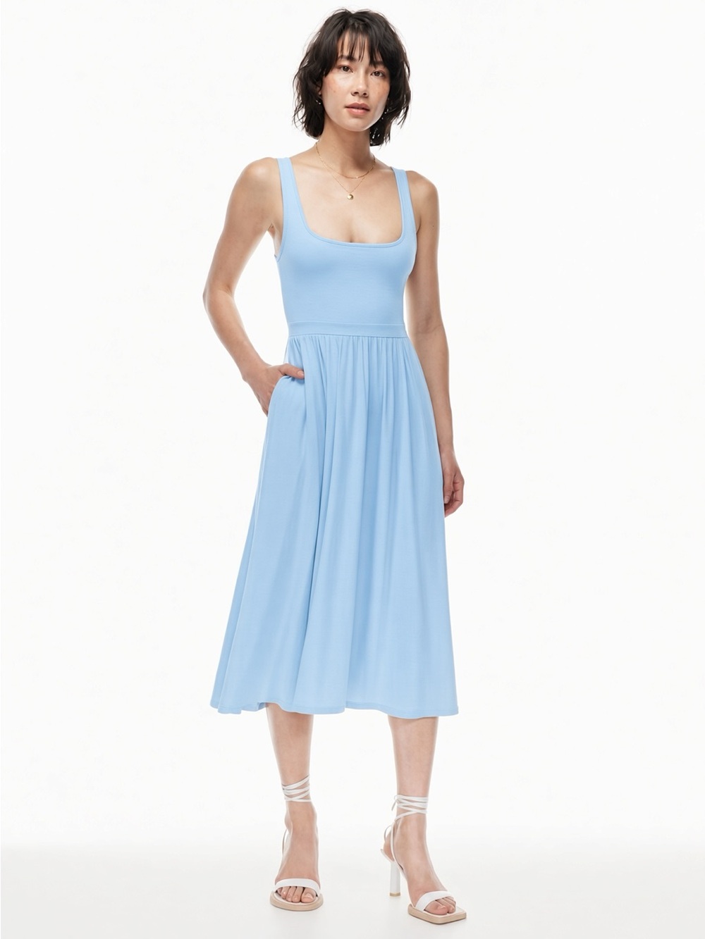 Aritzia Wilfred Buoy Blue Market Midi Dress Stretch Jersey Square Neck Small